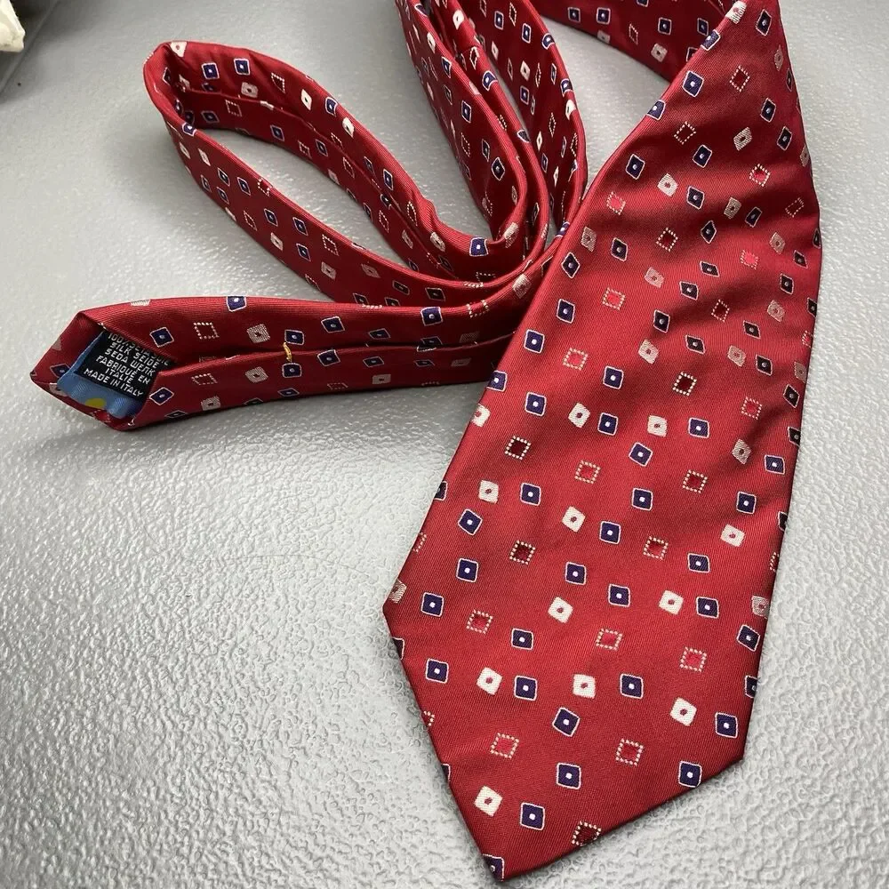 Emanuel Ungaro Silk Tie Vintage Geometric Diamond Square Italy Mens Red Blue